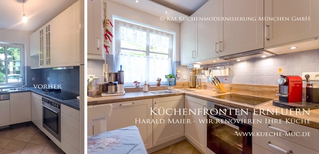 Foto einer Landhaus Küche deren Fronten mit mattweiß lackierten Rahmenfronten erneuert wurden.