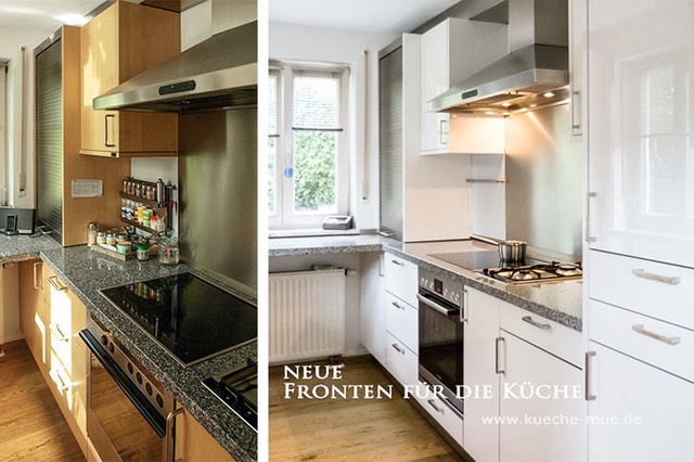 Diese Bild zeigt die Veränderung einer Küche von Holzoptik zu einem strahlend weißen Hochglanz-Design.